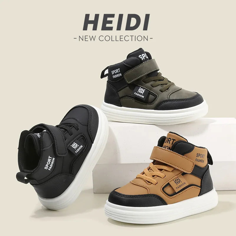 A pair of Heidi new collection high-top sneakers in olive green and black leather with white soles.