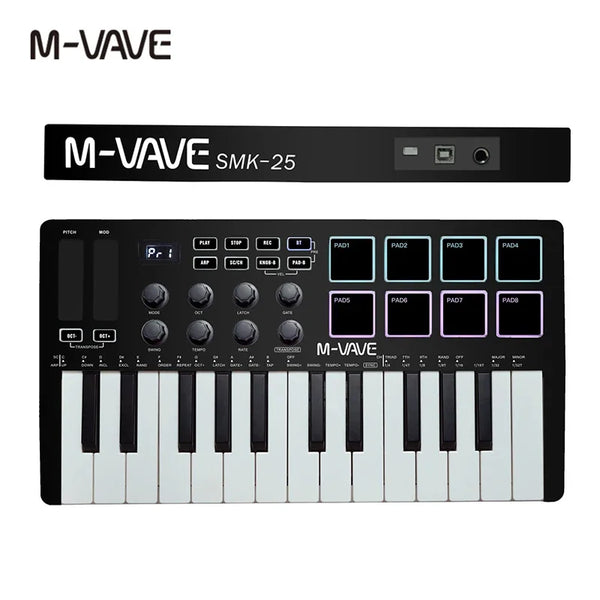 Black M-VAVE MIDI keyboard controller with pads and a digital interface