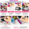 A five-step guide showing how to create diamond art using a complete kit with precision pens and accessories.