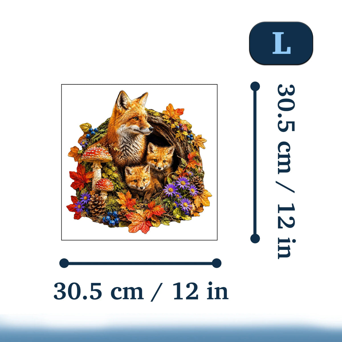 A jigsaw puzzle depicting a fox nestled in a wreath of autumn foliage and mushrooms.