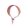 A pink and orange striped strawberry crochet headband with a wide elastic band.