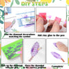 DIY steps showing how to find diamond decorations, add clay glue to the pen, place the diamond in the correct position, and c