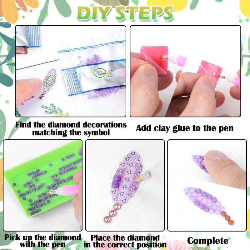DIY steps showing how to find diamond decorations, add clay glue to the pen, place the diamond in the correct position, and c