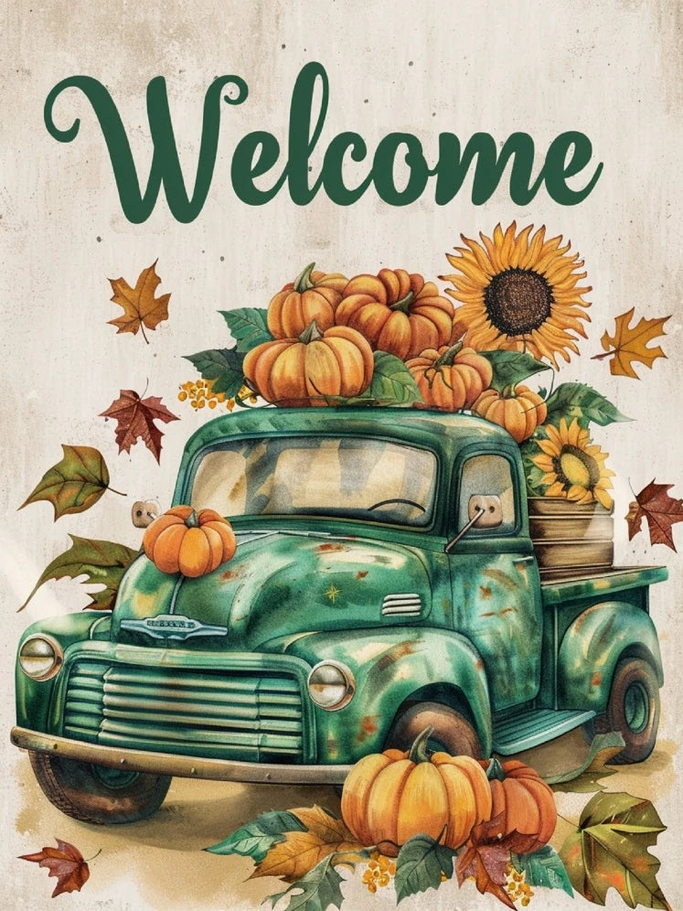 A vintage green pickup truck surrounded by autumn pumpkins and leaves.