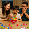 Une famille joue avec un jeu de construction empilable rouge et jaune sur une table en bois.