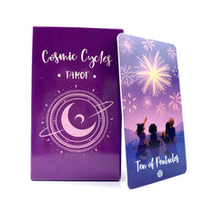 A purple Cosmic Cycles Tarot card featuring a crescent moon and an orbit design, labeled Ten of Pentacles.