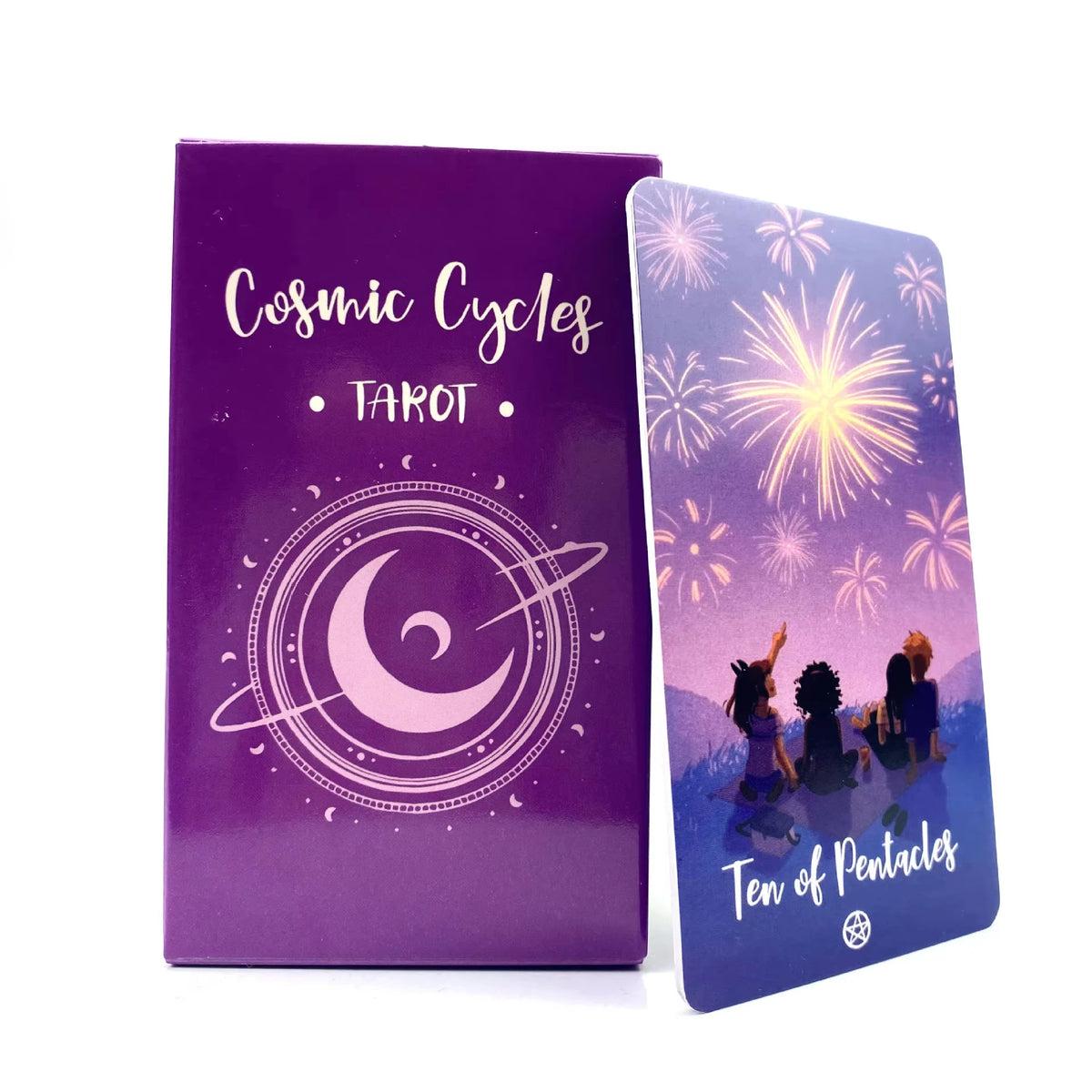 A purple Cosmic Cycles Tarot card featuring a crescent moon and an orbit design, labeled Ten of Pentacles.