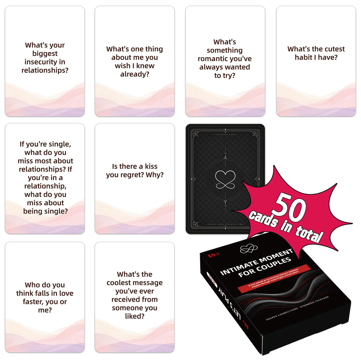 A box of 50 cards for couples conversation starters featuring various relationship questions and prompts.