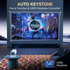 A smart projector is shown projecting a visual effect of a fist striking a target, demonstrating keystone correction.