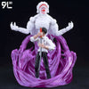 A fully articulated action figure of Yuji Itadori from Jujutsu Kaisen, featuring a white outfit and a menacing monster head a