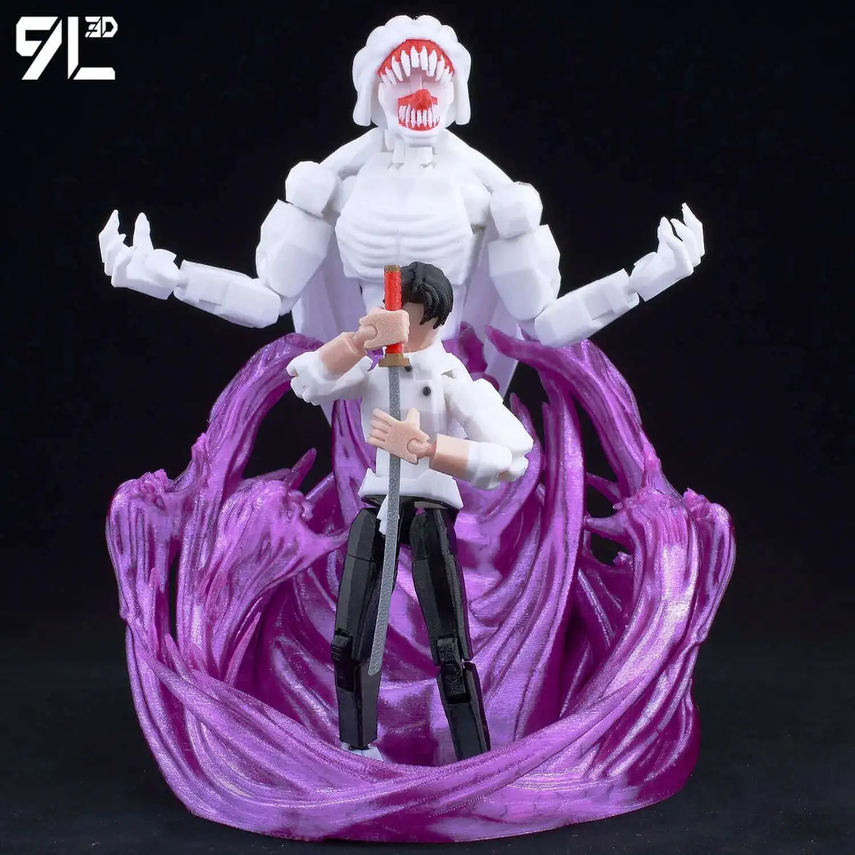 A fully articulated action figure of Yuji Itadori from Jujutsu Kaisen, featuring a white outfit and a menacing monster head a