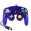 A blue wired game controller for the Nintendo GameCube console.