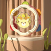 A pink and yellow baby musical instrument set featuring a hand drum and shake rattle for toddlers.