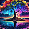A vibrant tree with colorful foliage stands on a rock island, reflected in calm water under a starry night sky.