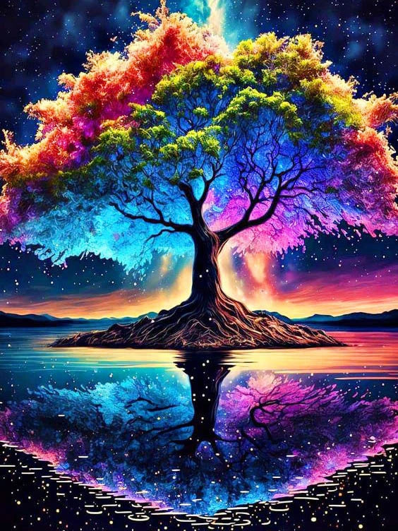 A vibrant tree with colorful foliage stands on a rock island, reflected in calm water under a starry night sky.