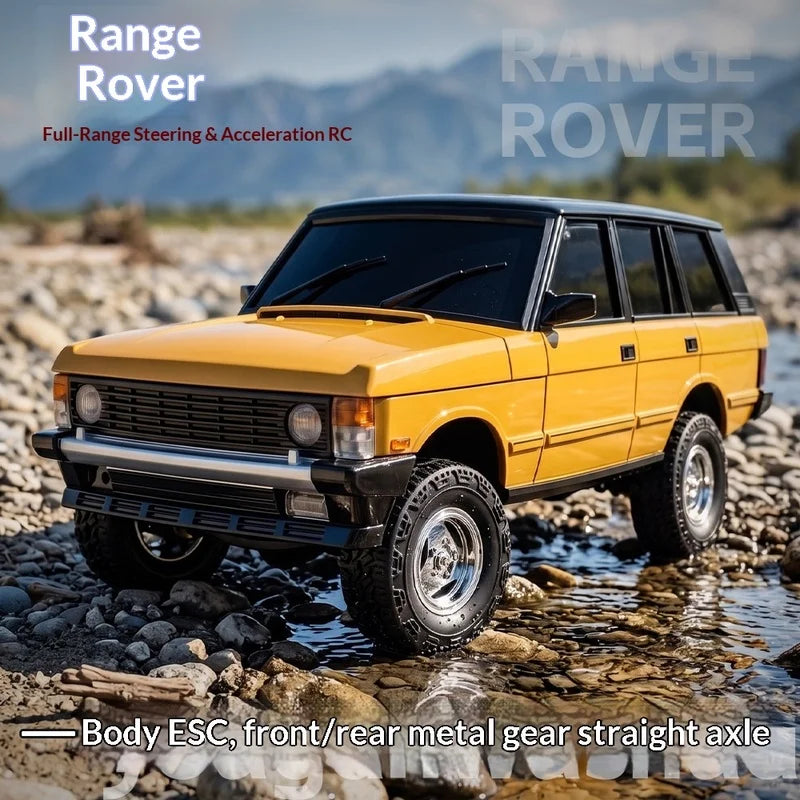 A yellow Range Rover RC crawler truck is shown driving through a rocky stream.