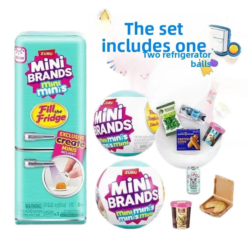A set of two refrigerator balls and a mini food capsule for a miniature fridge playset