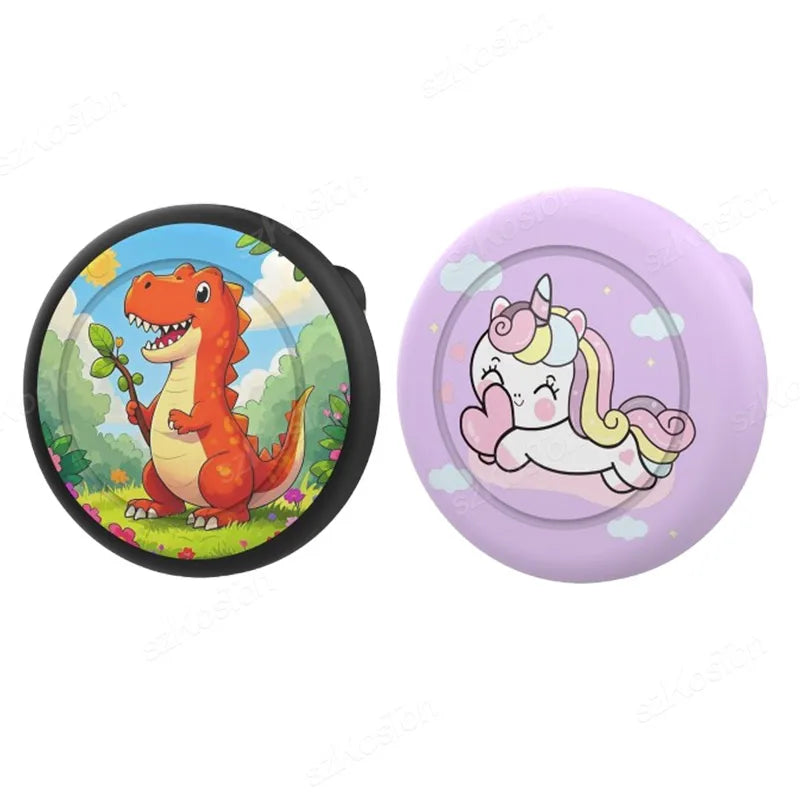 A pair of purple silicone pin holders featuring cute unicorn and dinosaur designs.