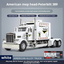 White American mop head Peterbilt 389 1:24 scale diecast truck model with lights and sound