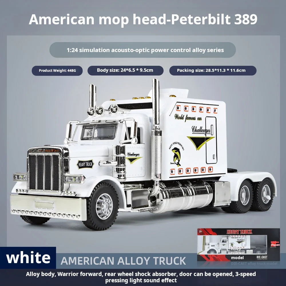 White American mop head Peterbilt 389 1:24 scale diecast truck model with lights and sound