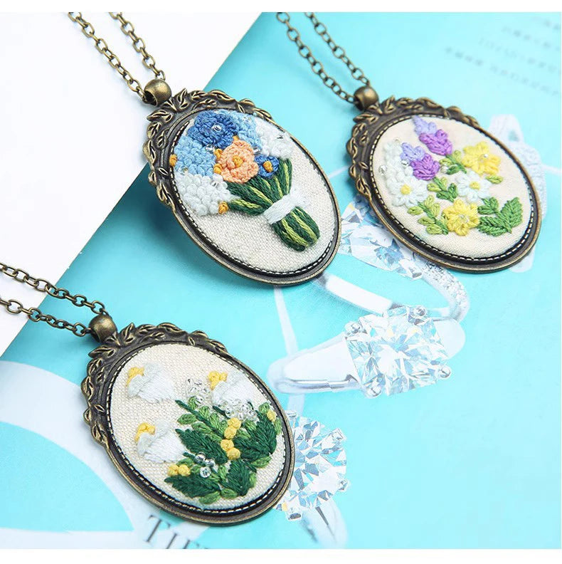 Embroidery Necklace Pendant Starter Kit with Hoop and 3 Patterns