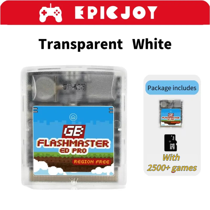 Transparent white plastic case for a Game Boy Flashmaster ED Pro cartridge with 2500+ games