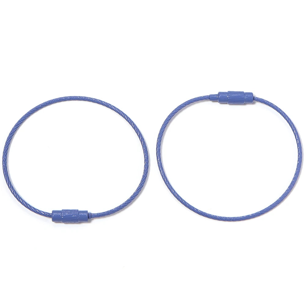 A pair of blue stainless steel wire keychain rings with screw locks.