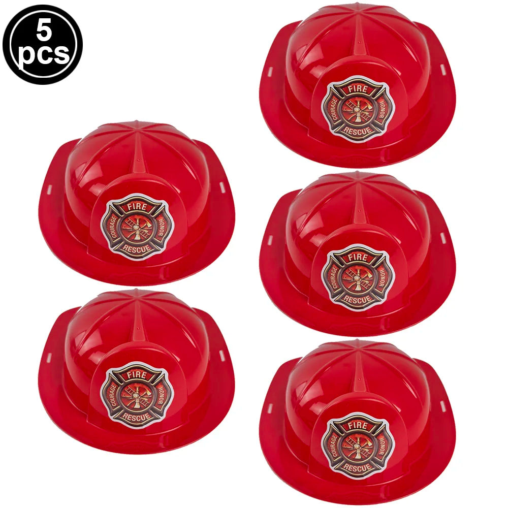 Five red firefighter helmets for kids displayed separately.