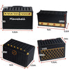 A set of guitar pick holders with speaker-shaped designs in black and gold accents.