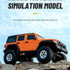 An orange 1:18 scale 4WD RC Jeep is positioned on a rocky surface under a bright sky.
