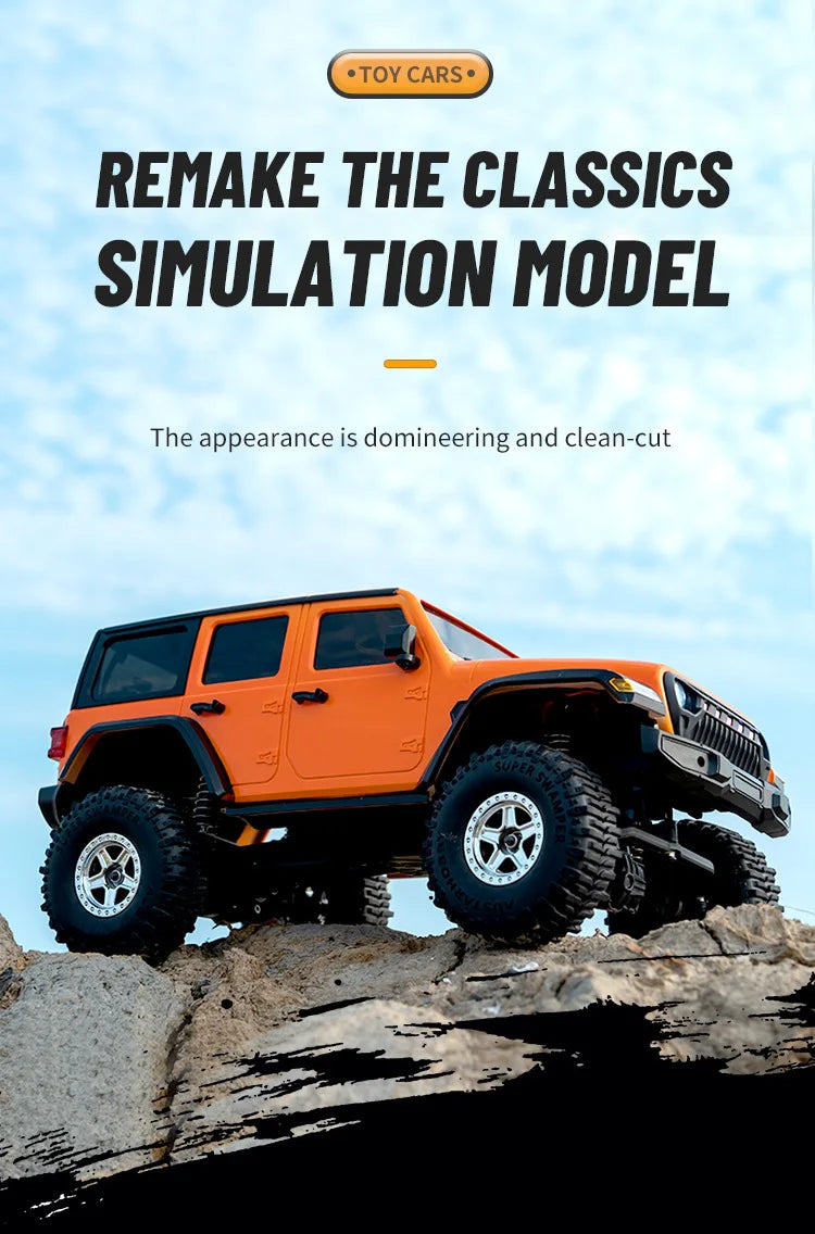 An orange 1:18 scale 4WD RC Jeep is positioned on a rocky surface under a bright sky.