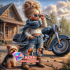 A blonde girl with curly hair wearing a scarf and ripped jeans poses with a motorcycle in an outdoor setting.