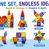 A set of colorful magnetic tiles shaped like a castle, rocket, animal, vehicle, and star for building ideas.