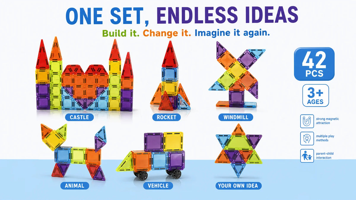 A set of colorful magnetic tiles shaped like a castle, rocket, animal, vehicle, and star for building ideas.