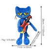 A blue cartoon cat plush toy holding an electric guitar, shown in a full-body view.