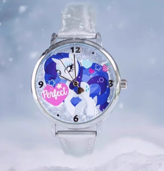 A silver watch featuring a My Little Pony design on the face, set against a snowy background.
