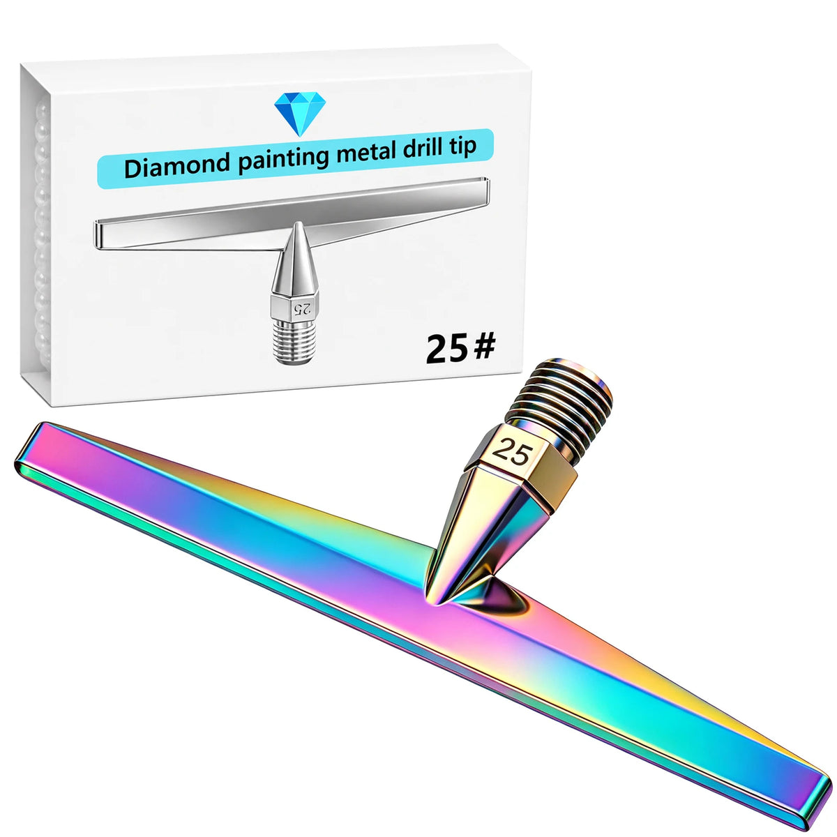 A silver diamond painting metal drill tip with a 25# size is shown next to its packaging and an extended version.