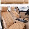 Interior view of a car seat protector with quilted tan upholstery and black accents.