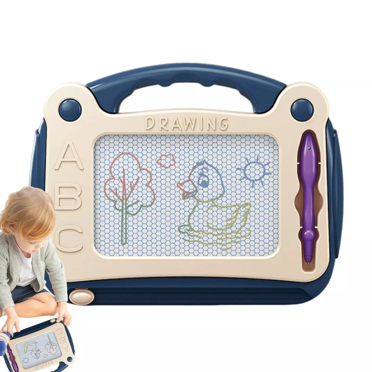 A blue magnetic drawing board with an ABC grid and a purple stylus is shown next to a child's hand.