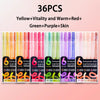 A set of 36 acrylic gel pens featuring various colors including yellow, green, purple, red, and skin tones.