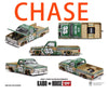 A collection of Kaido House 1:64 Chevrolet Silverado die-cast models, including a truck and a detailed gun cabinet.