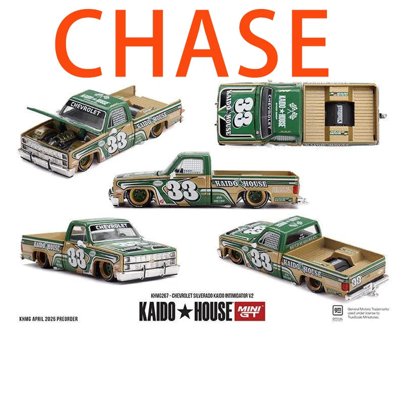 A collection of Kaido House 1:64 Chevrolet Silverado die-cast models, including a truck and a detailed gun cabinet.
