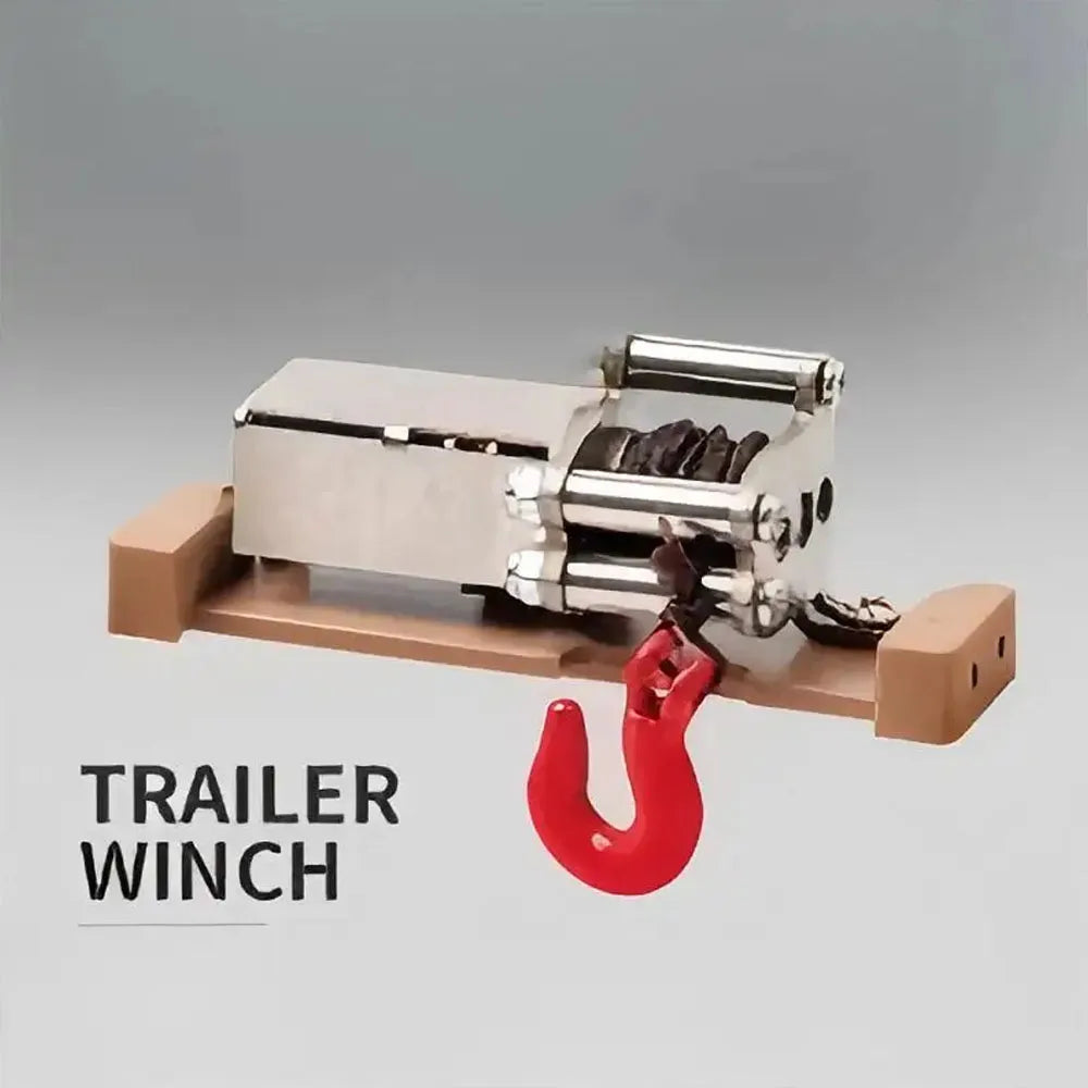 A silver trailer winch is shown on a wooden base, with a red hook attached.
