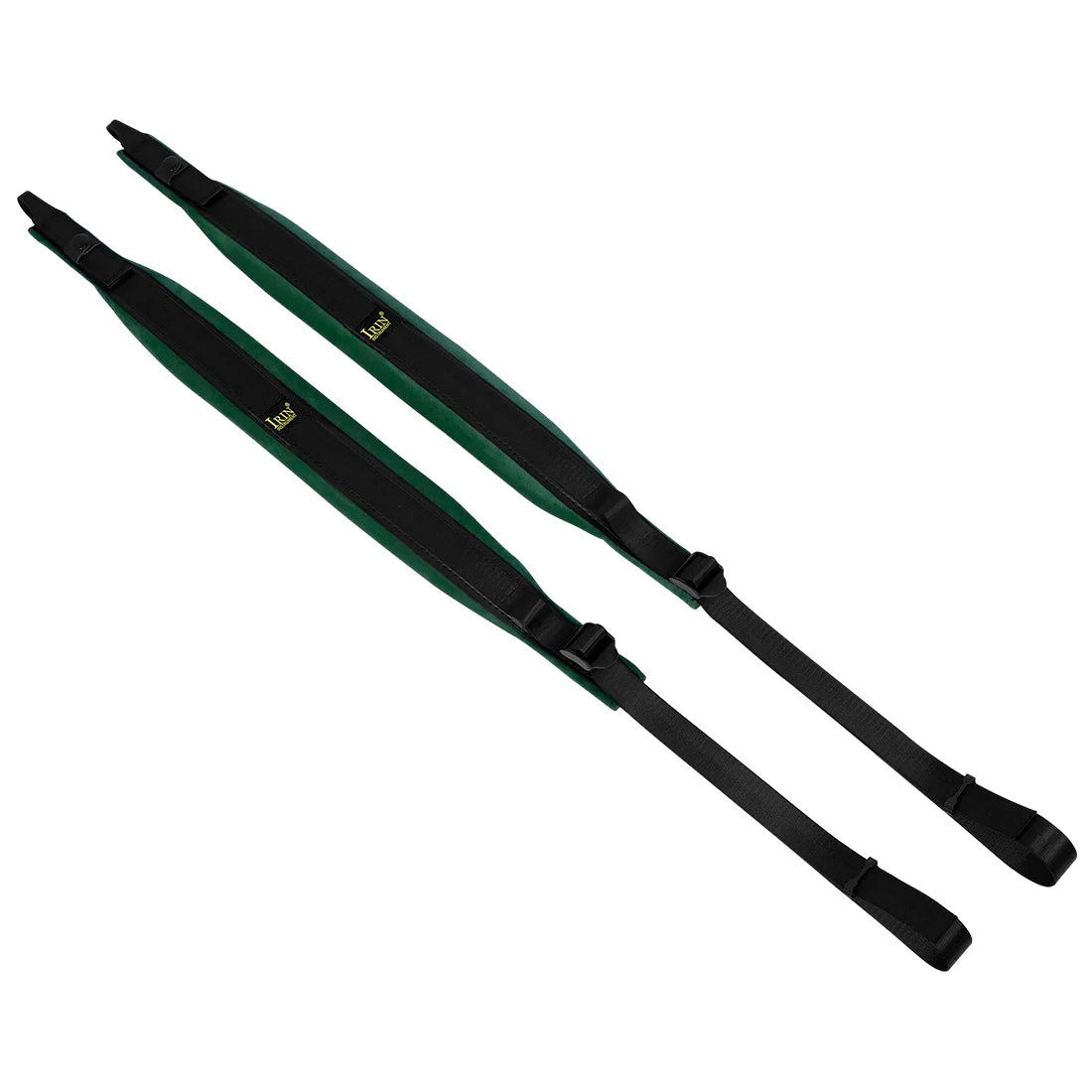 A pair of black and green professional adjustable accordion straps.