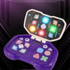 A purple handheld dance game console is displayed on a stand, showing various colorful buttons and lights.