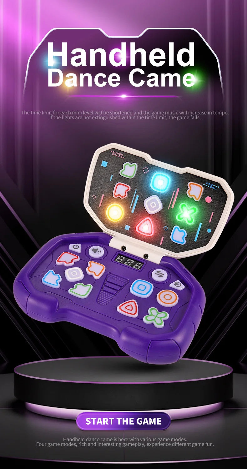 A purple handheld dance game console is displayed on a stand, showing various colorful buttons and lights.
