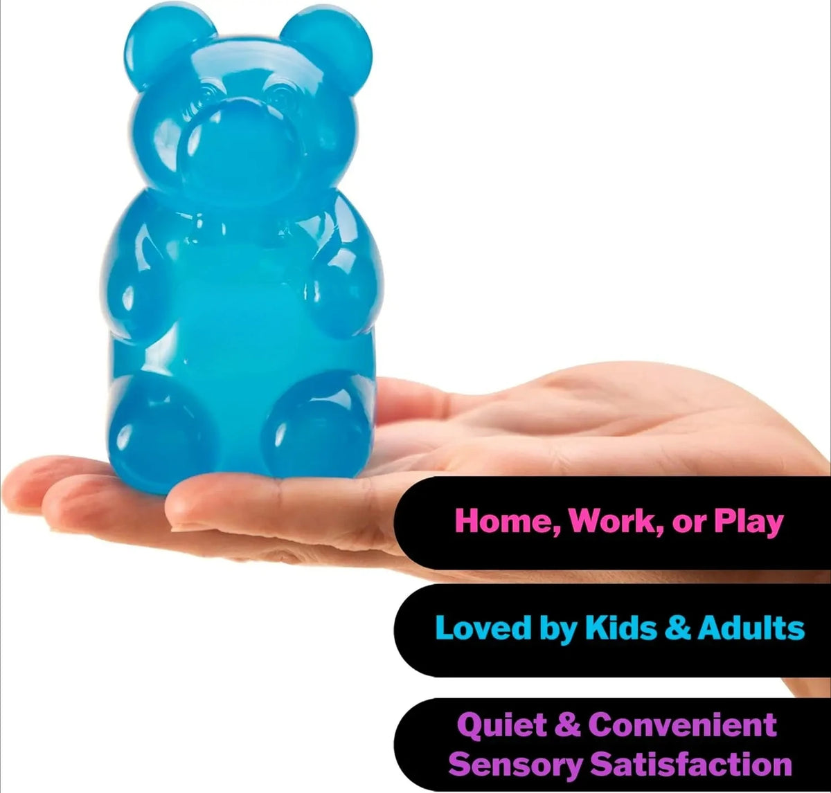 A hand holds a translucent blue bear squeeze toy designed for quiet sensory satisfaction.