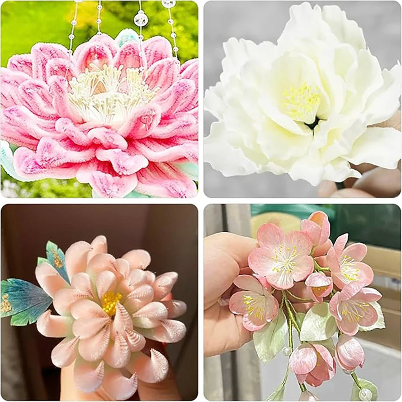Close-up of three floral decorations: a pink peony, a white rose, and a cluster of pink and green blossoms.