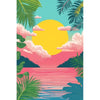 A vibrant painting featuring a yellow sun, pink clouds, tropical palm leaves, and a pink sunset over water.