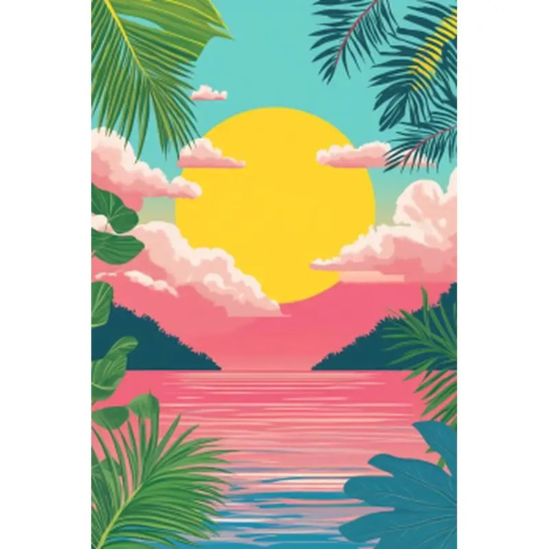 A vibrant painting featuring a yellow sun, pink clouds, tropical palm leaves, and a pink sunset over water.